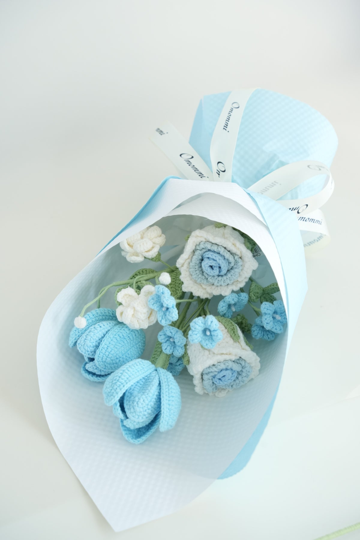 Roselle Rose & Tulip Crochet Bouquet | Blue & White Handmade Everlasting Flowers