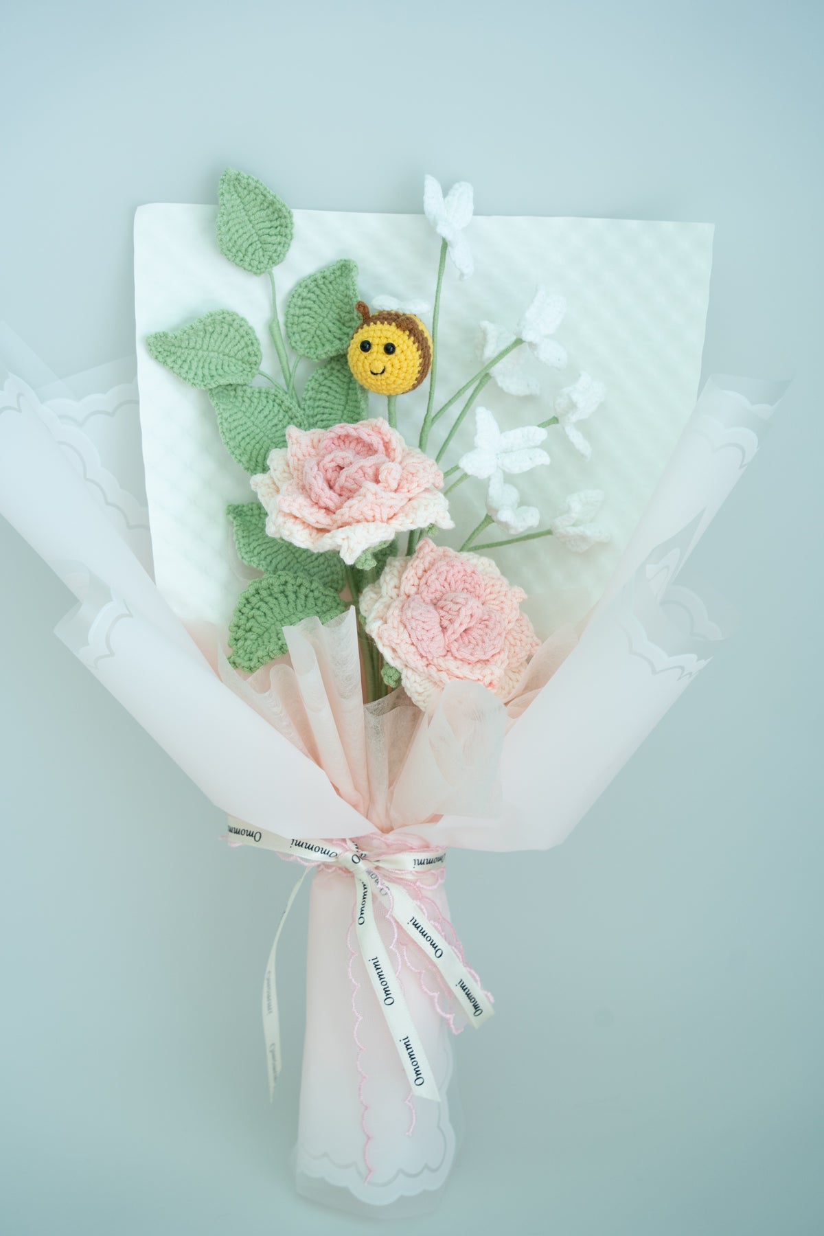 A Little Bee Happy | Pink Rose & Bee Crochet Bouquet
