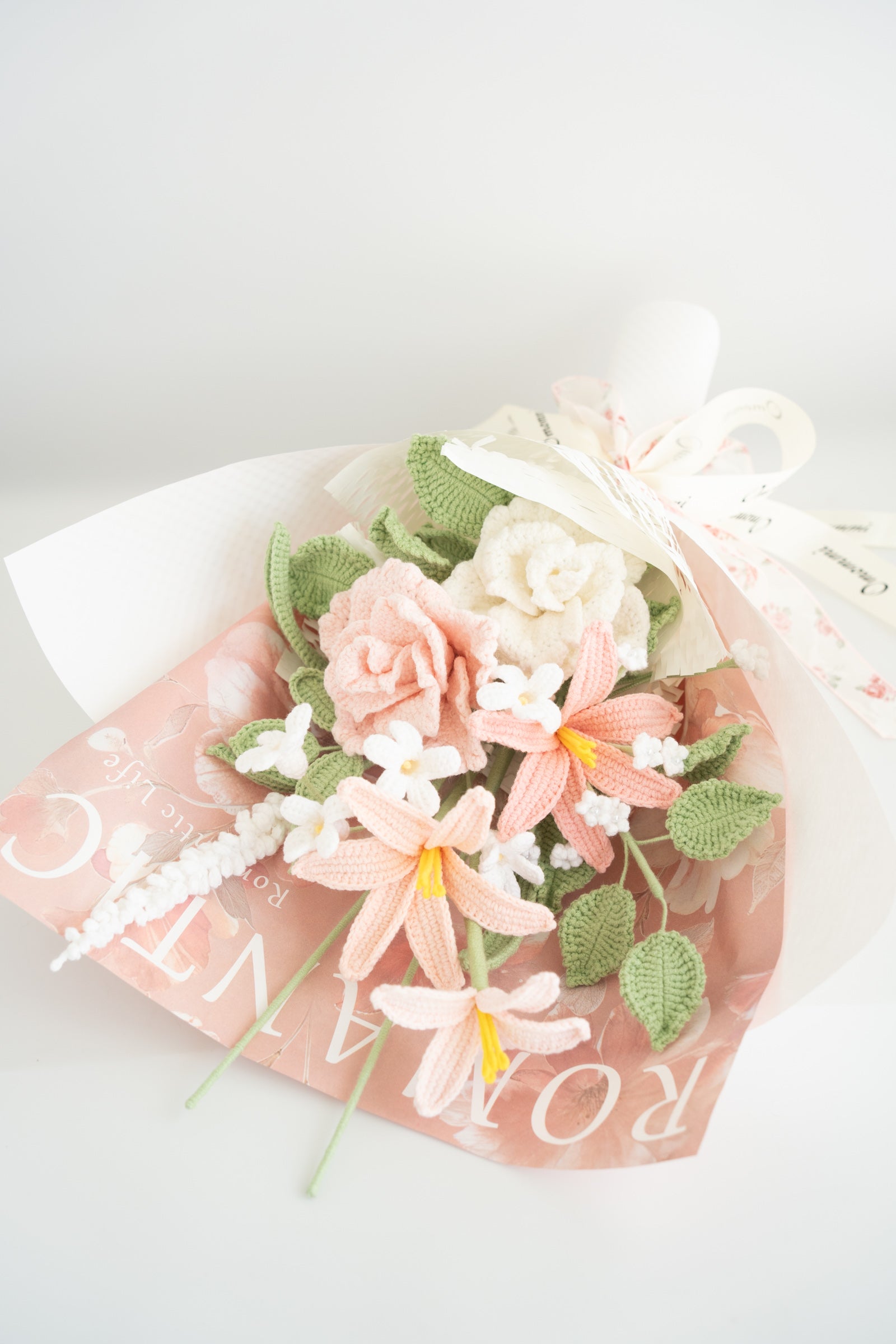 Blush Crochet Flower Bouquet | Handmade Lily & Rose Soft Floral Arrangement