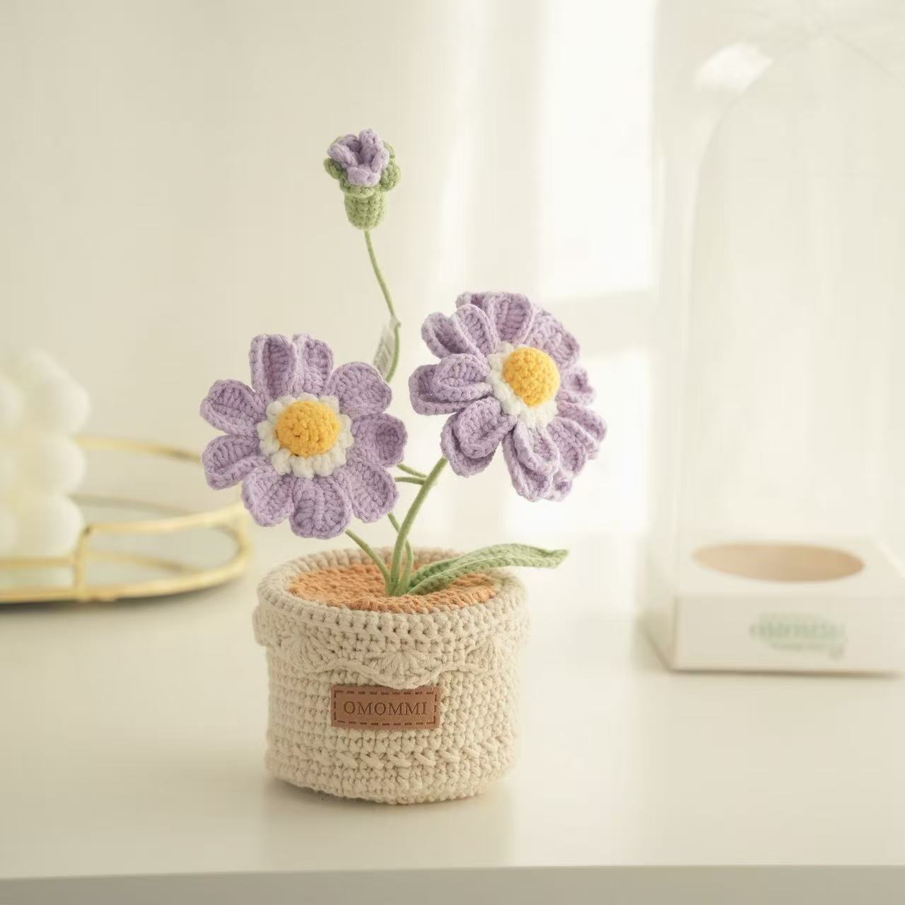 Handmade Crochet Zinnia Flower Pot – Soft Purple Yarn Bloom | Forever Flowers & Cosy Home Decor by OMOMMI