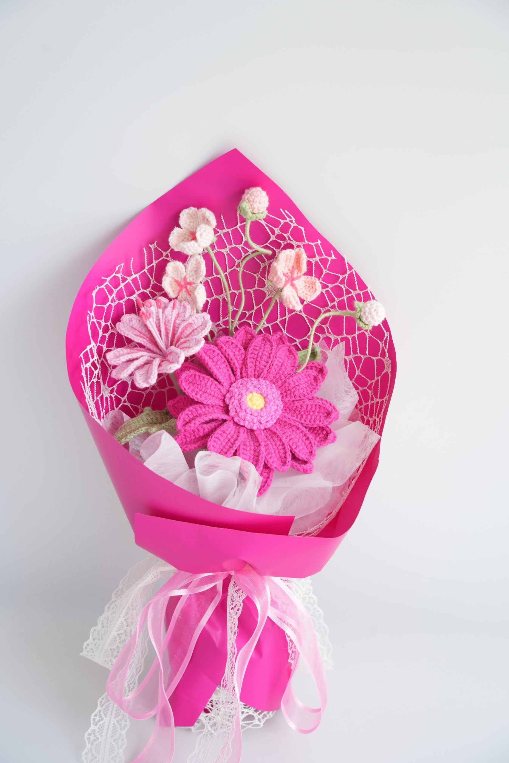 Crochet Gerbera Mini Bouquet | Handmade Gerbera, Lewisia & Alpine Flower Arrangement