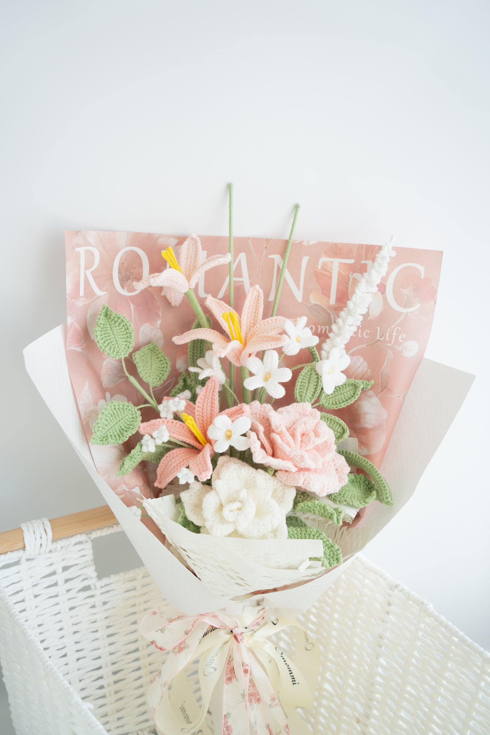Blush Crochet Flower Bouquet | Handmade Lily & Rose Soft Floral Arrangement