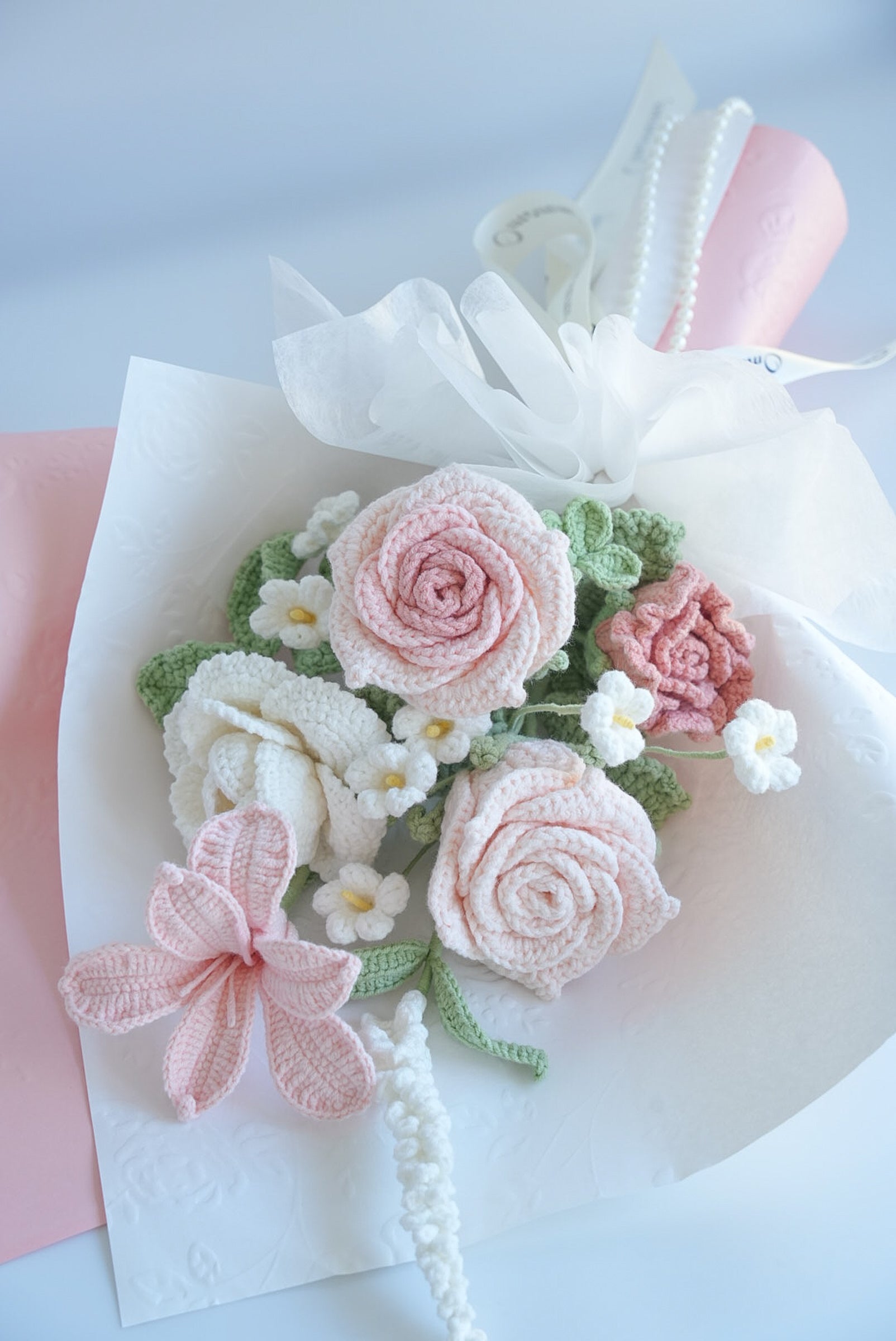 Pink Crochet Flower Bouquet | Handmade Rose, Oxalis & Star Flower Arrangement