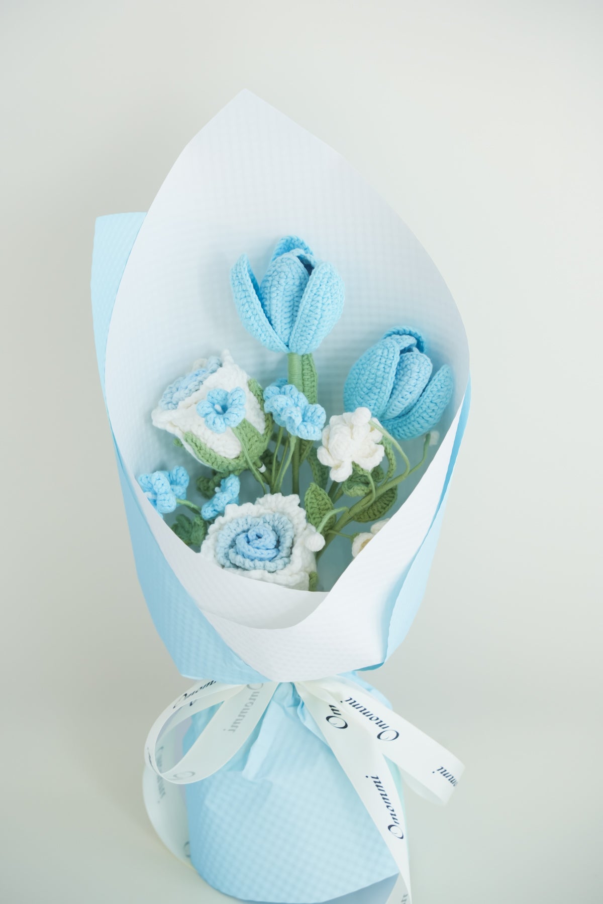 Roselle Rose & Tulip Crochet Bouquet | Blue & White Handmade Everlasting Flowers