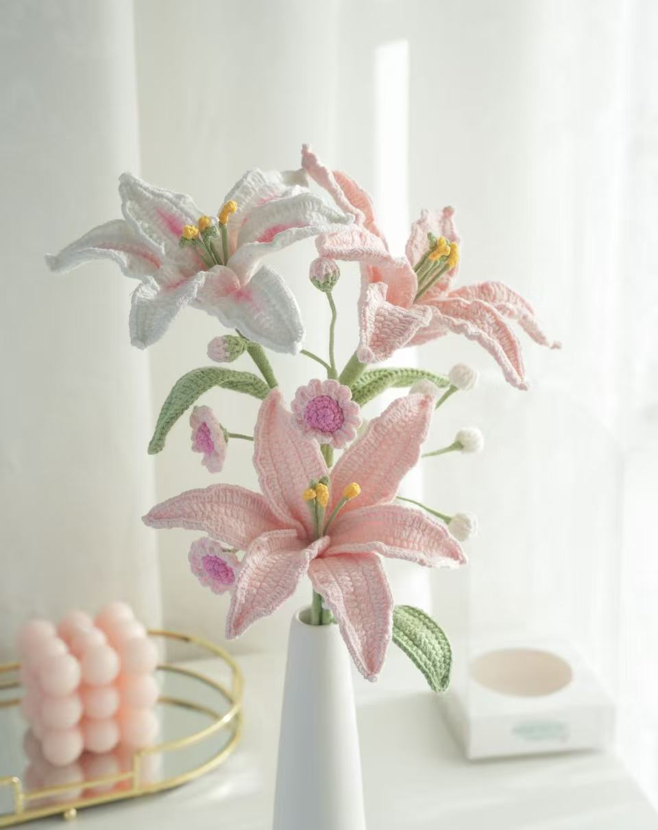 Crochet Lily Bouquet with Daisies & Snowberries | Handmade Flower Decor