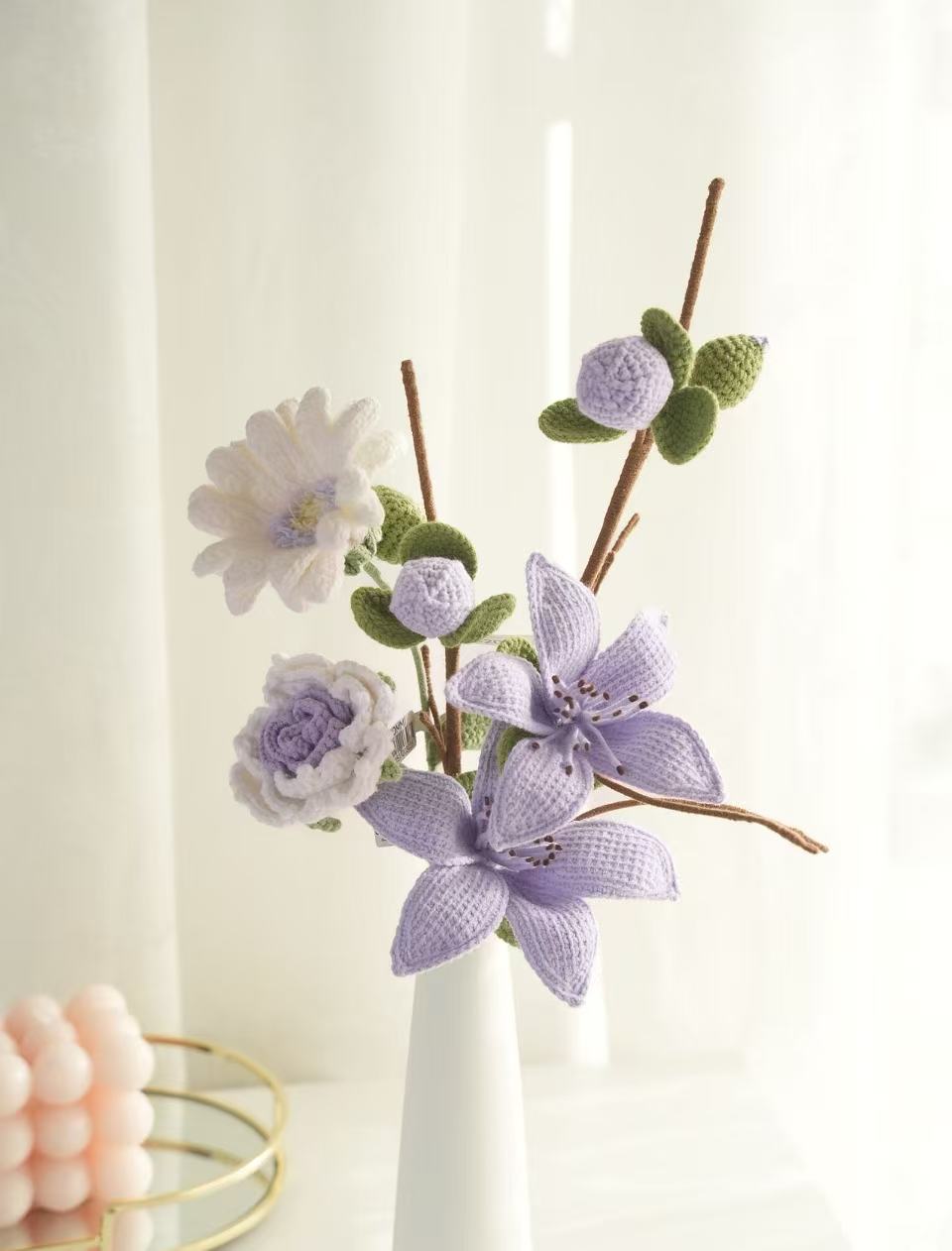 Pastel Crochet Floral Arrangement – Cotton Flower · Gerbera · Rose