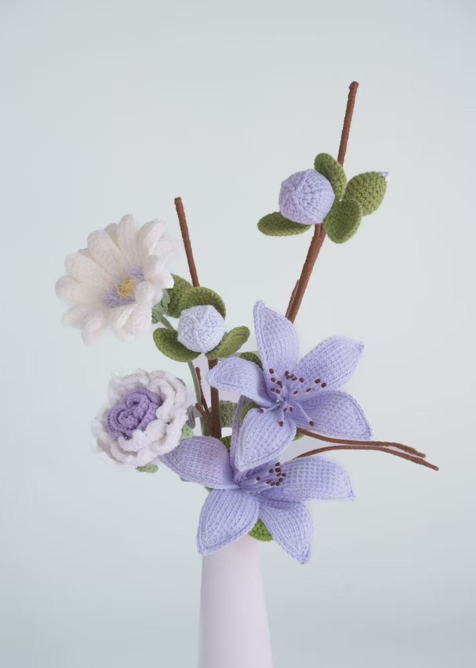 Pastel Crochet Floral Arrangement – Cotton Flower · Gerbera · Rose