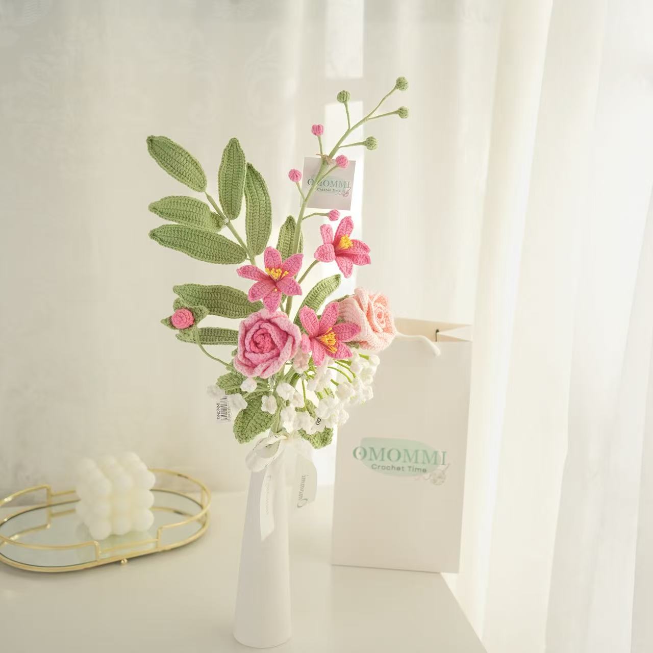 Pink Crochet Flower Bouquet – Handmade Rose & Crocosmia  Arrangement